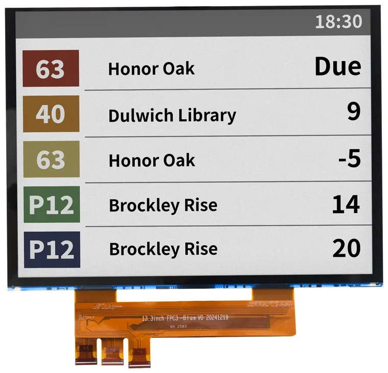 A Lumina display panel showing public transport arrival times